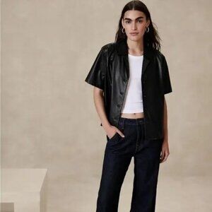 NWT Banana Republic Black Vegan Leather Short Sleeve Button Up Shirt M